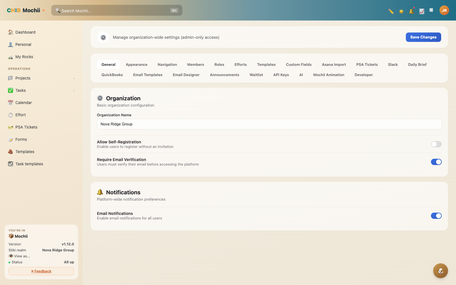 Integrations in Mochii admin settings