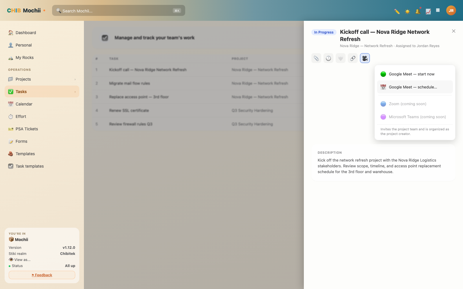 Creating a video meeting from a task in Mochii